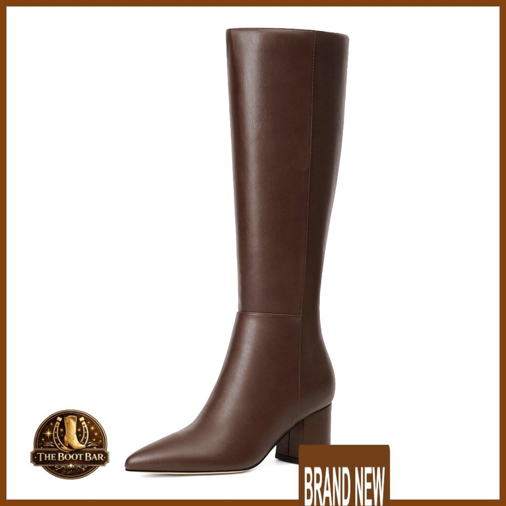 Knee High Boots Chunky Heel Pointed Toe Side Zipper Elegant Minimal Chic